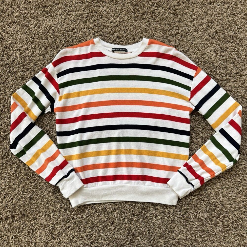 Brandy Melville Sweater Womens Medium White Rainbow Stripe Crewneck Soft